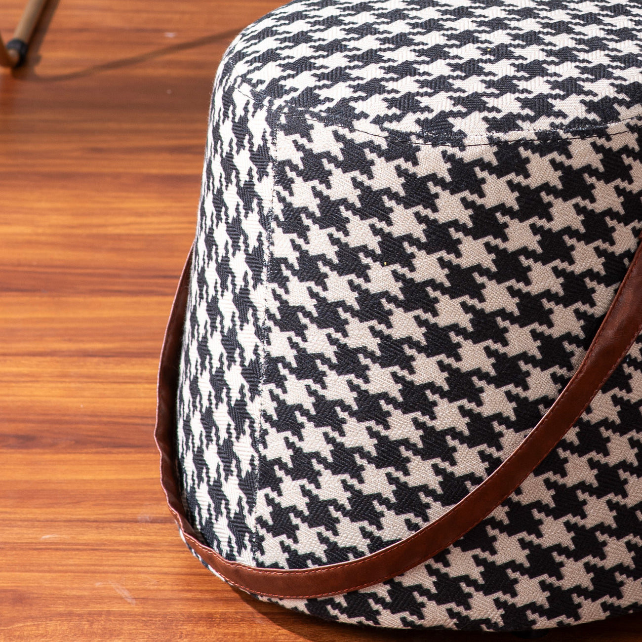 Hoist Collection Black & White Houdstooth Pouf With Faux Leather Strap