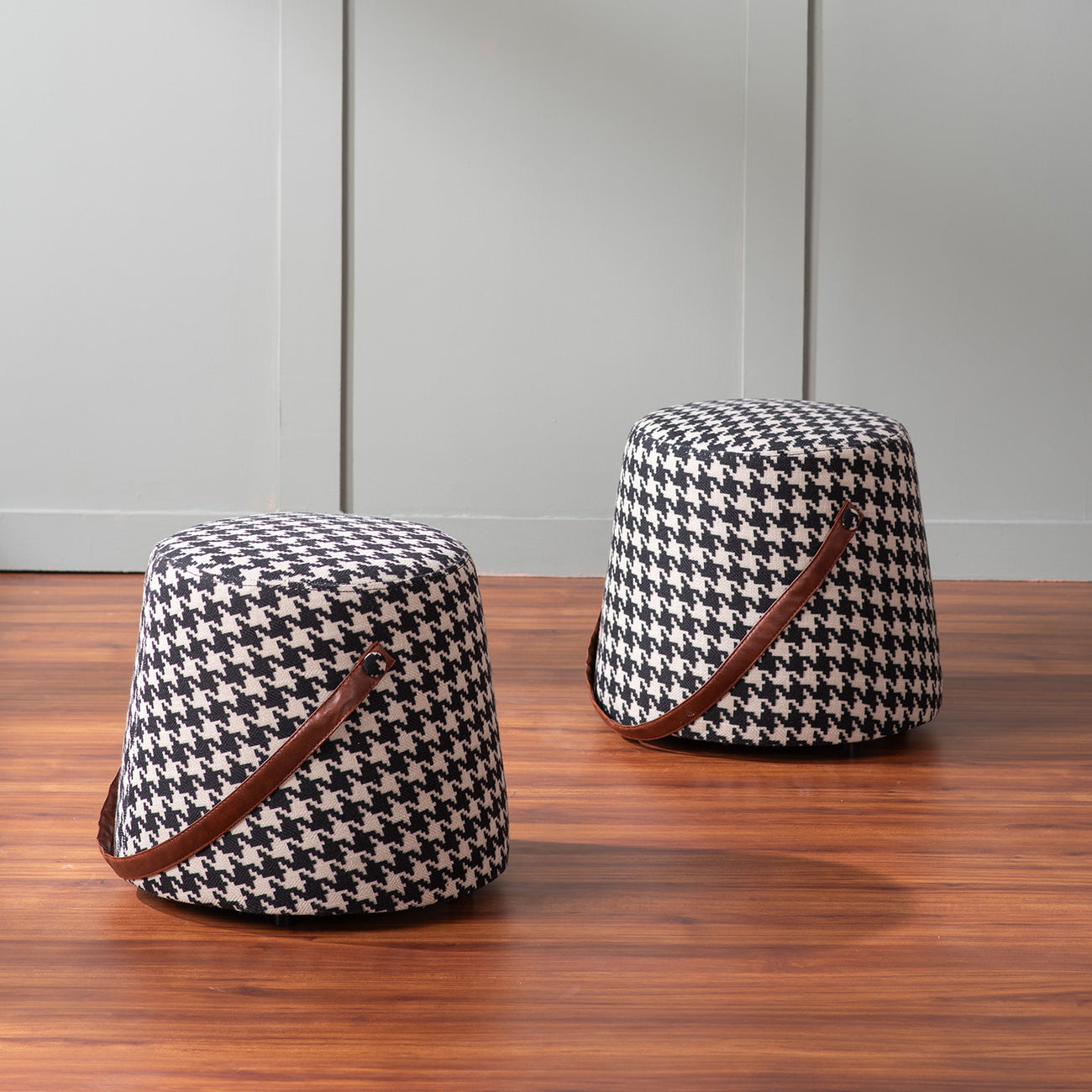 Hoist Collection Black & White Houdstooth Pouf With Faux Leather Strap