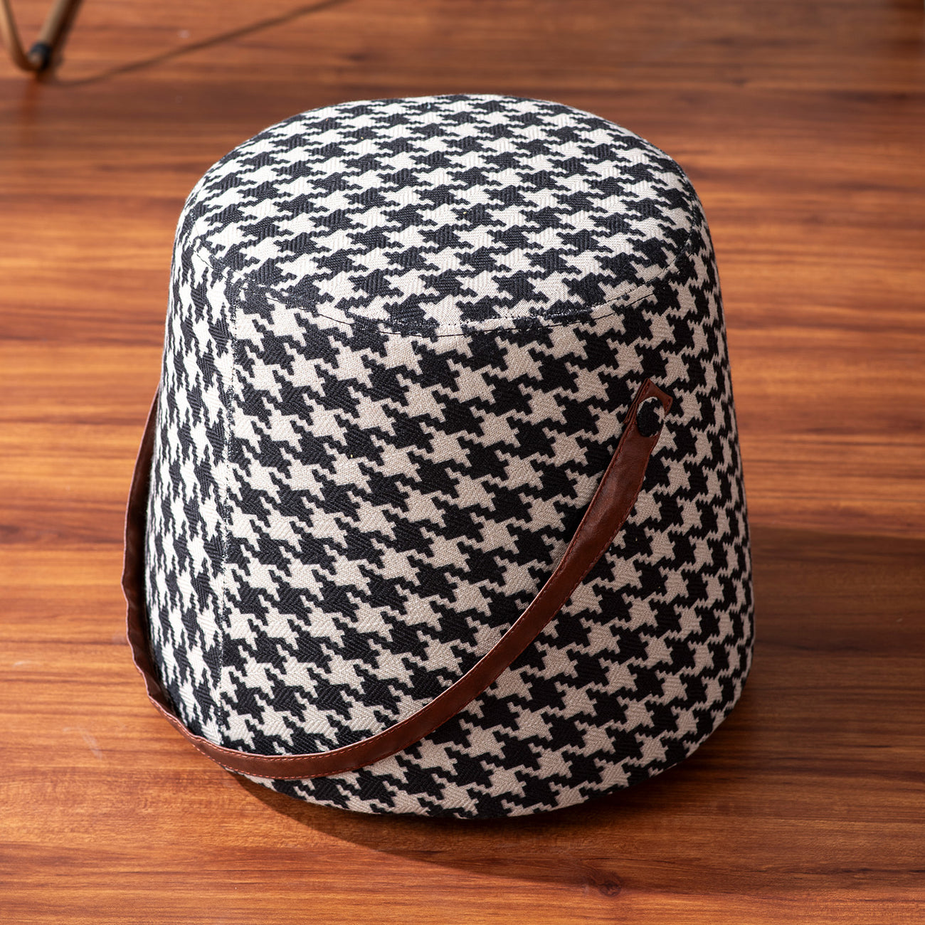 Hoist Collection Black & White Houdstooth Pouf With Faux Leather Strap