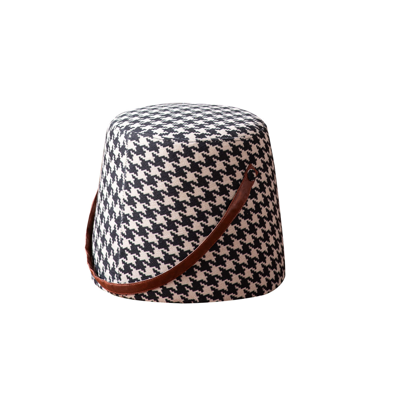 Hoist Collection Black & White Houdstooth Pouf With Faux Leather Strap