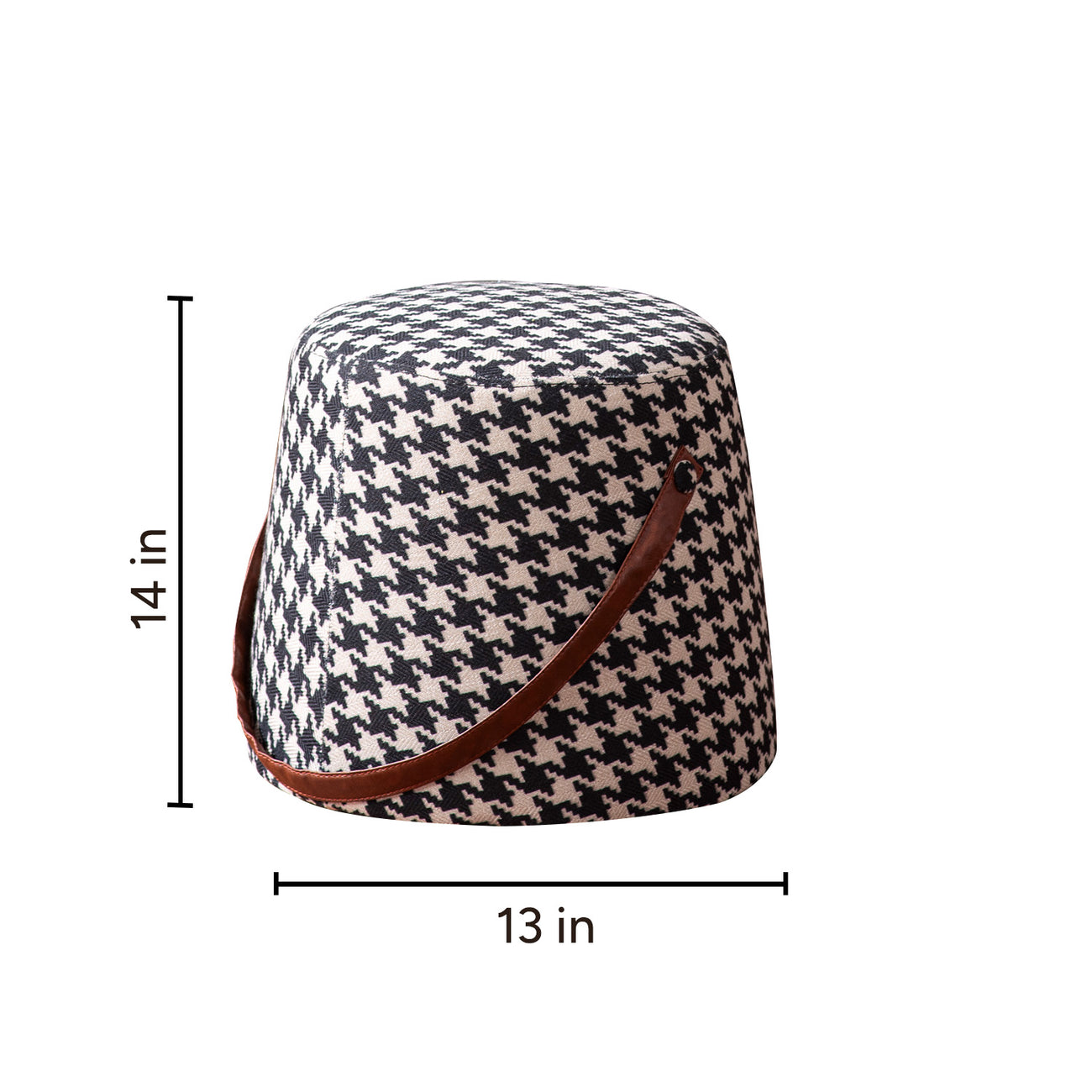 Hoist Collection Black & White Houdstooth Pouf With Faux Leather Strap