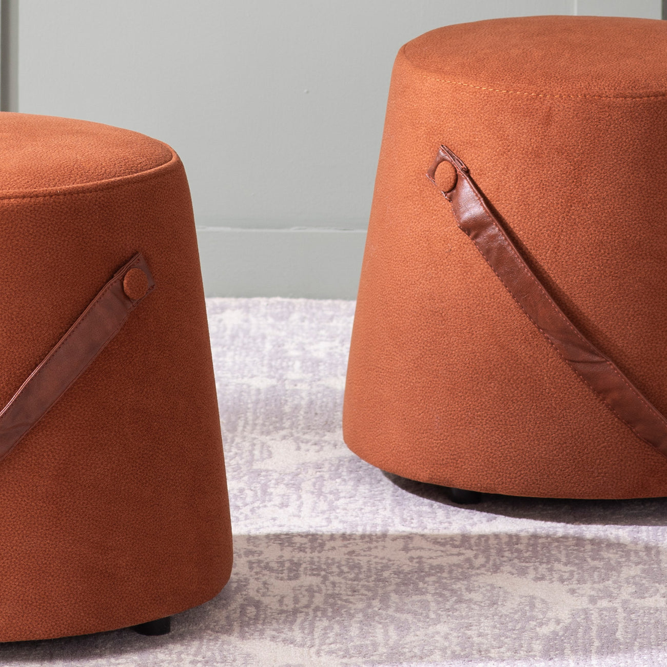 Hoist Collection Tan Pouf With Faux Leather Strap Set Of 2