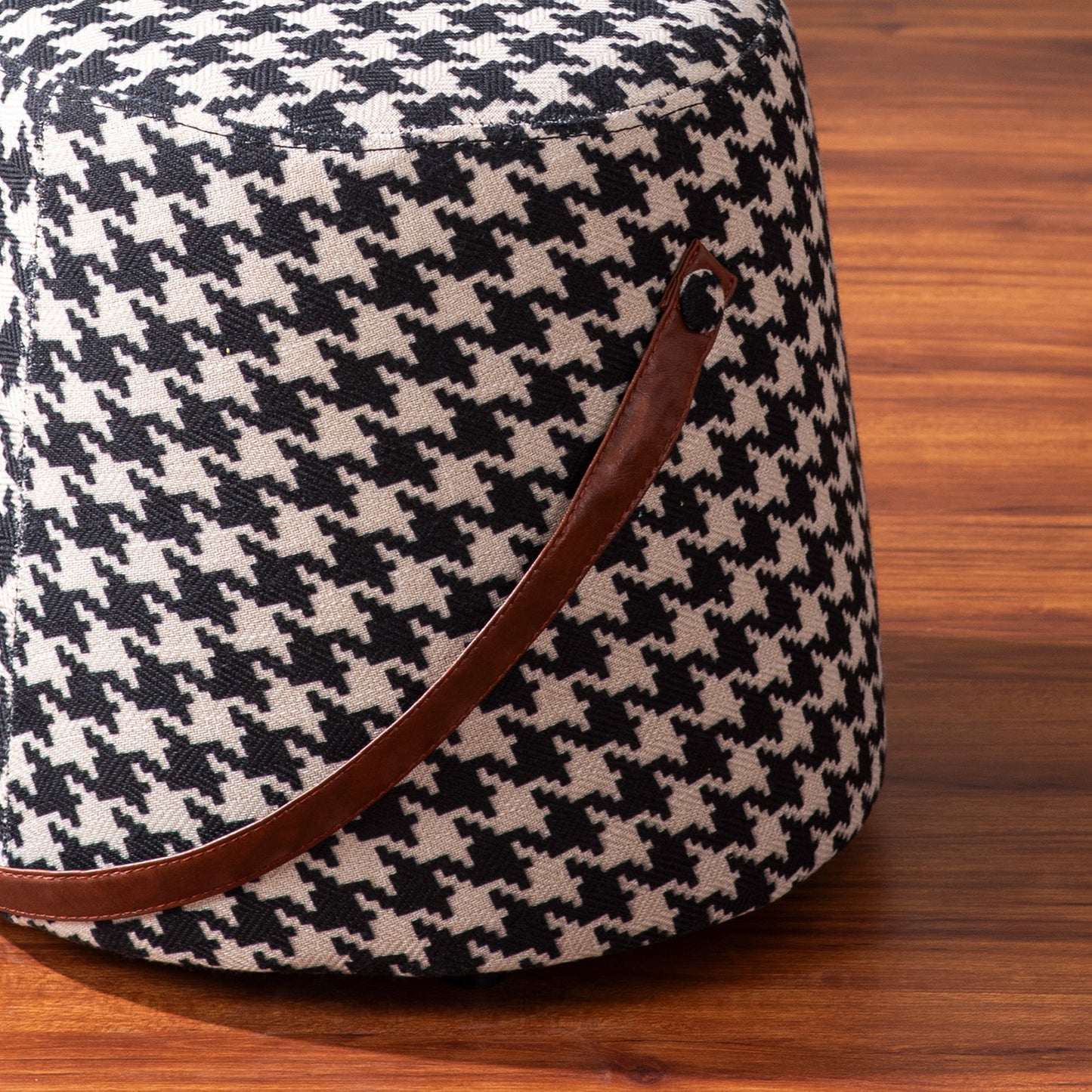 Hoist Collection Black & White Houdstooth Pouf With Faux Leather Strap Set Of 2