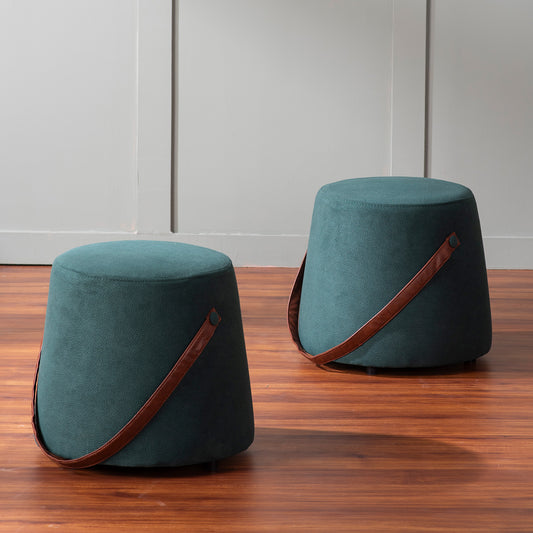 Hoist Collection Green Pouf With Faux Leather Strap Set Of 2