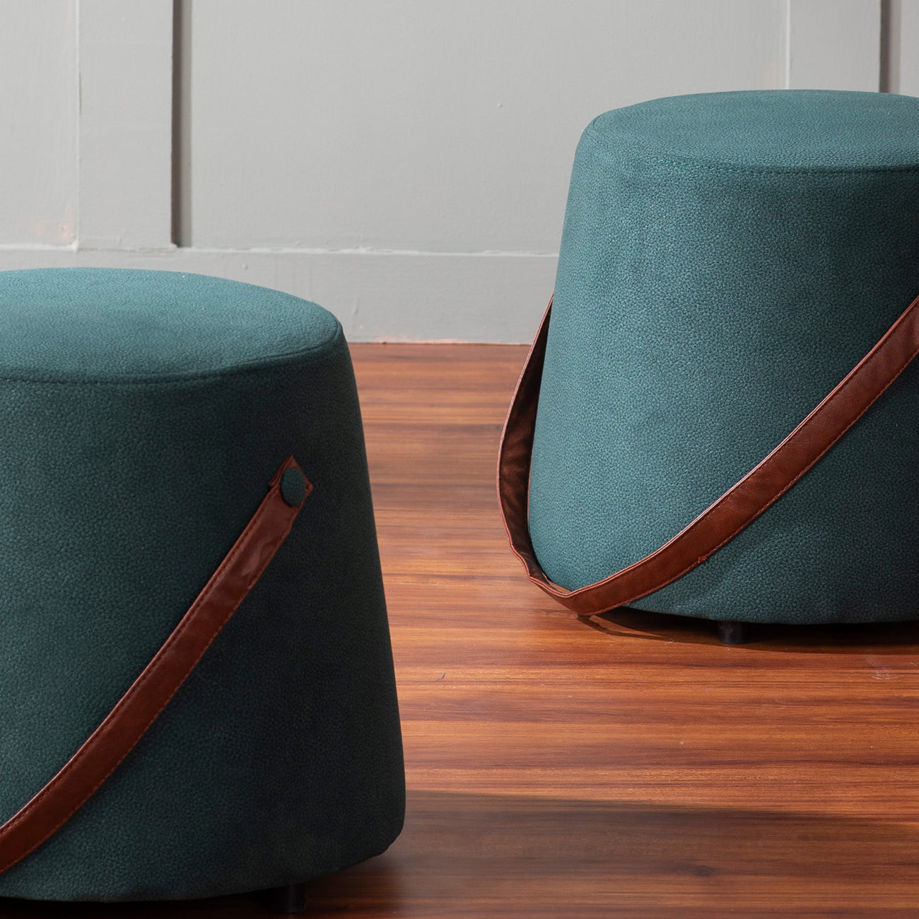 Hoist Collection Green Pouf With Faux Leather Strap Set Of 2