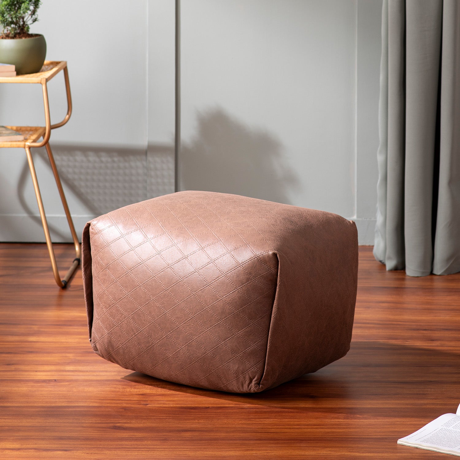 Cube Collection Tan Faux Leather Pouf Ottoman