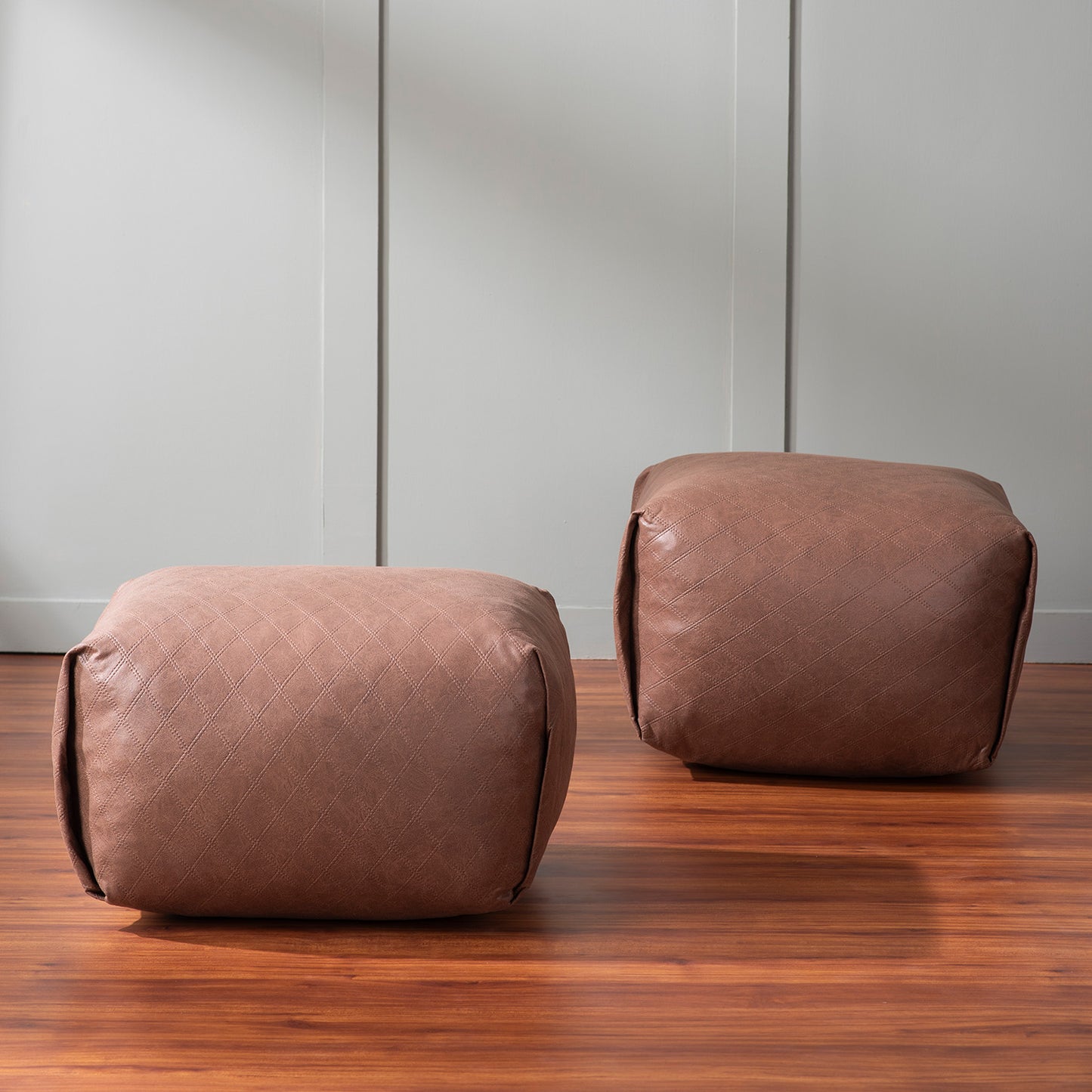 Cube Collection Tan Faux Leather Pouf Ottoman