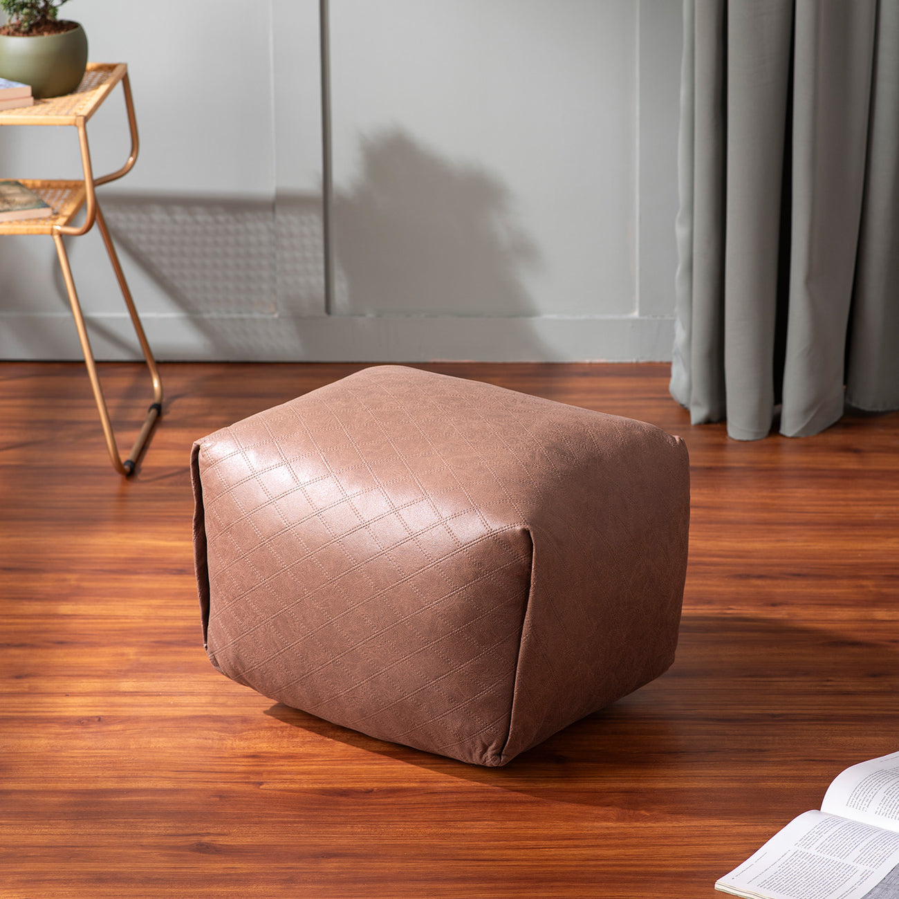 Cube Collection Tan Faux Leather Pouf Ottoman