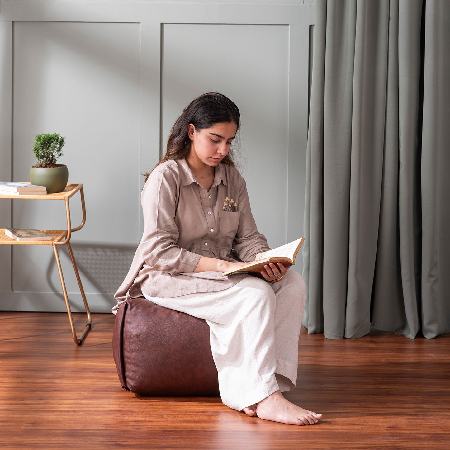 Cube Collection Brown Faux Leather Pouf Ottoman Set Of 2