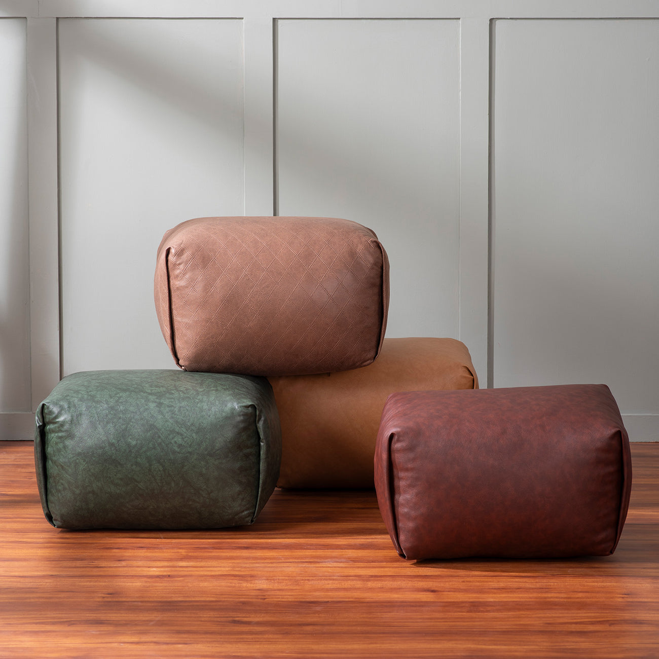 Cube Collection Brown Faux Leather Pouf Ottoman Set Of 2