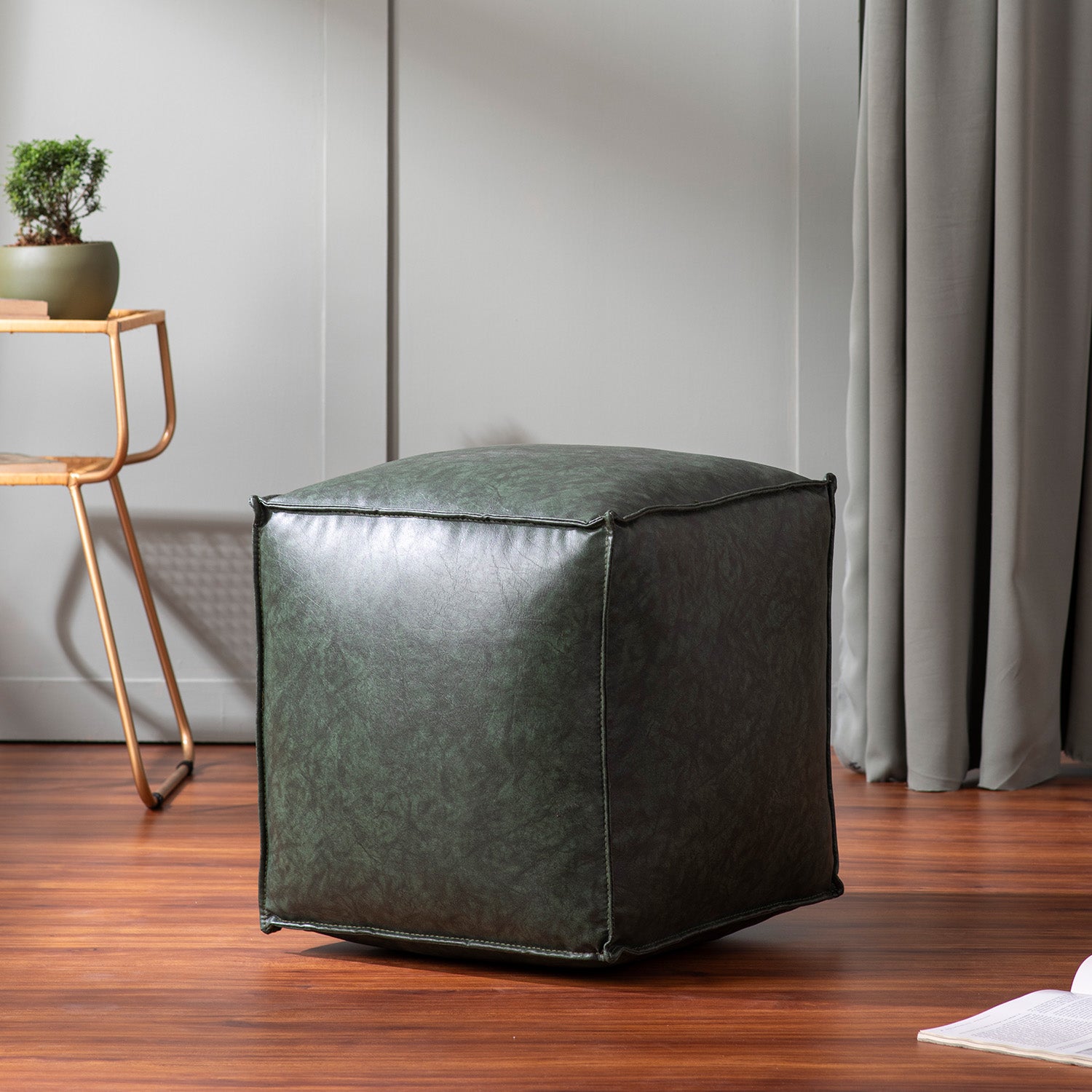 Cuboid Collection Green Faux Leather Pouf Ottoman