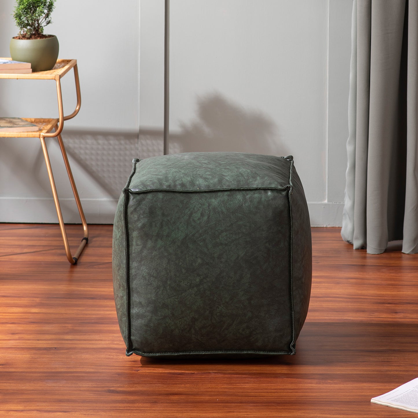 Cuboid Collection Green Faux Leather Pouf Ottoman