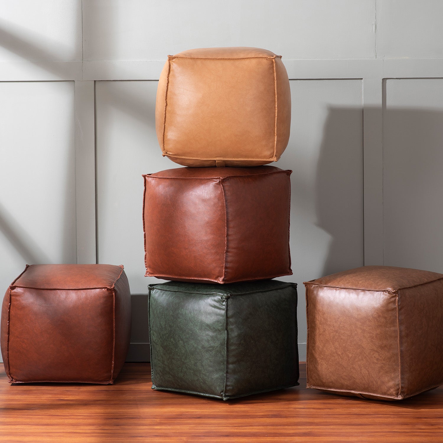 Cuboid Collection Green Faux Leather Pouf Ottoman