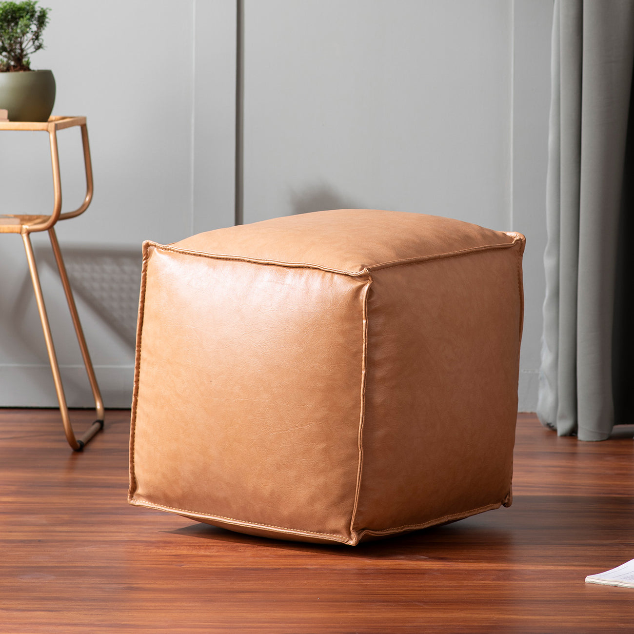 Cuboid Collection Mustard Faux Leather Pouf Ottoman