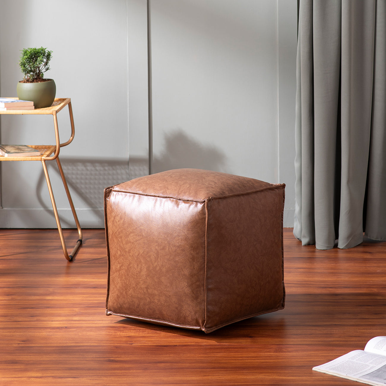 Cuboid Collection Brown Faux Leather Pouf Ottoman