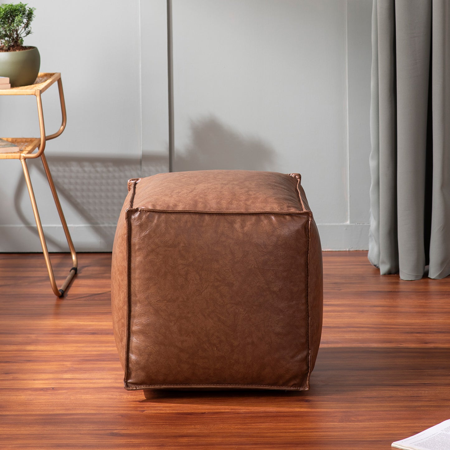 Cuboid Collection Brown Faux Leather Pouf Ottoman