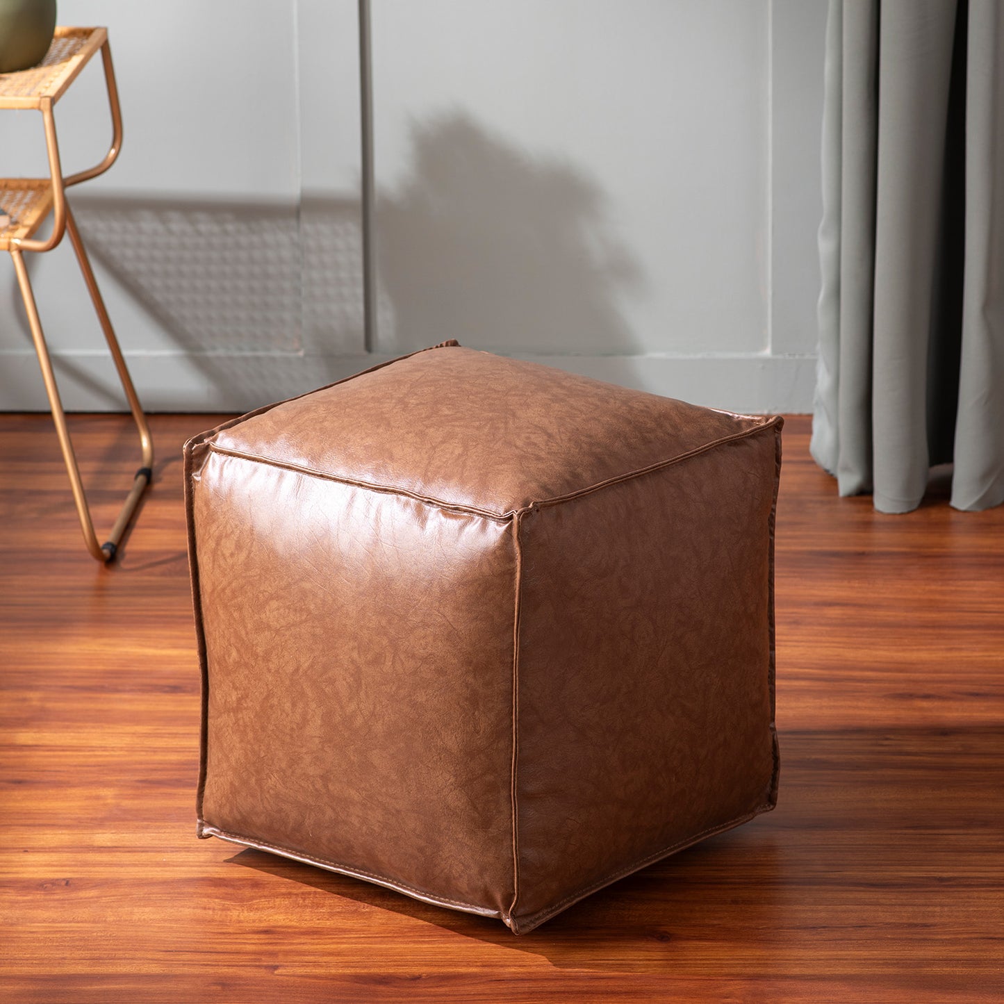 Cuboid Collection Brown Faux Leather Pouf Ottoman