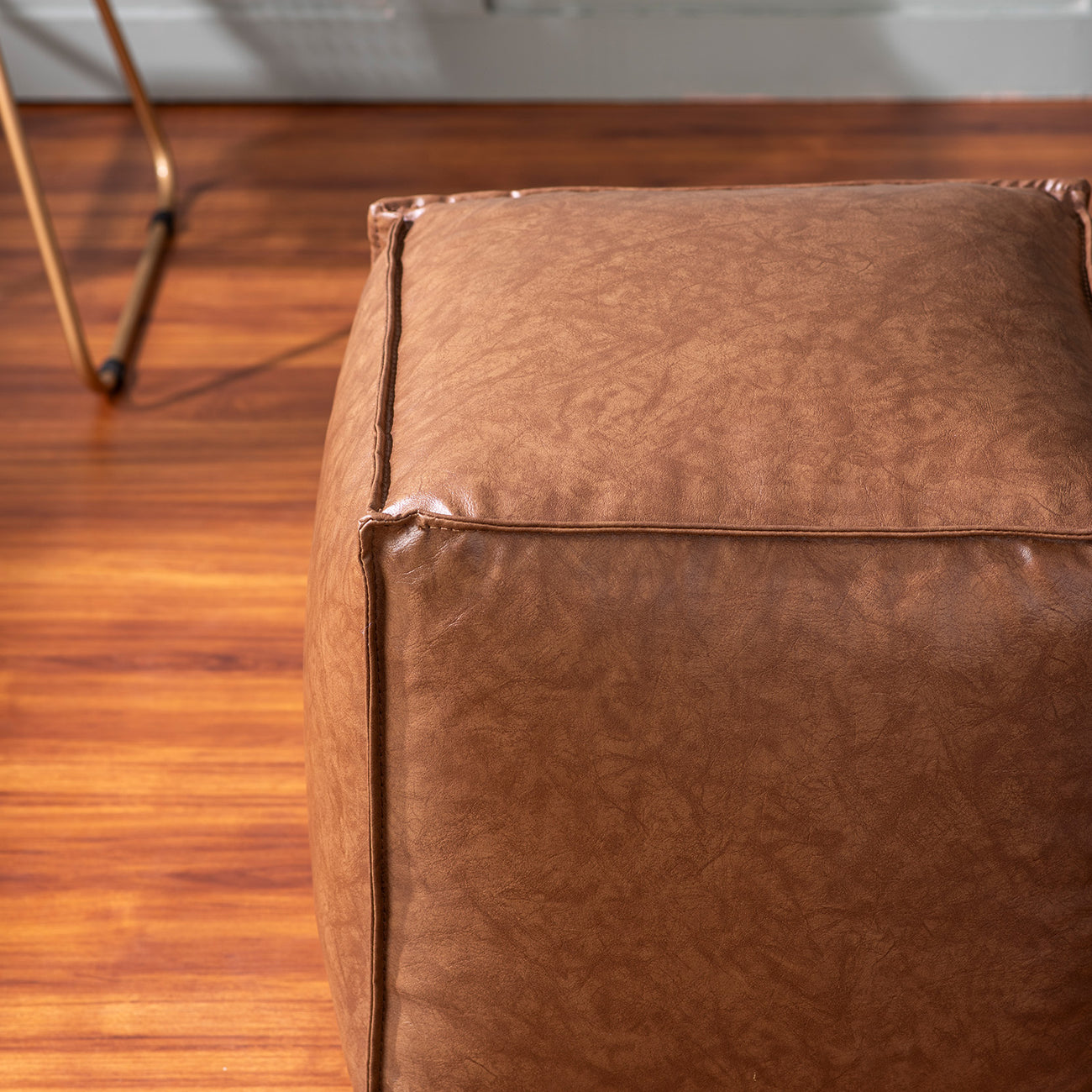 Cuboid Collection Brown Faux Leather Pouf Ottoman