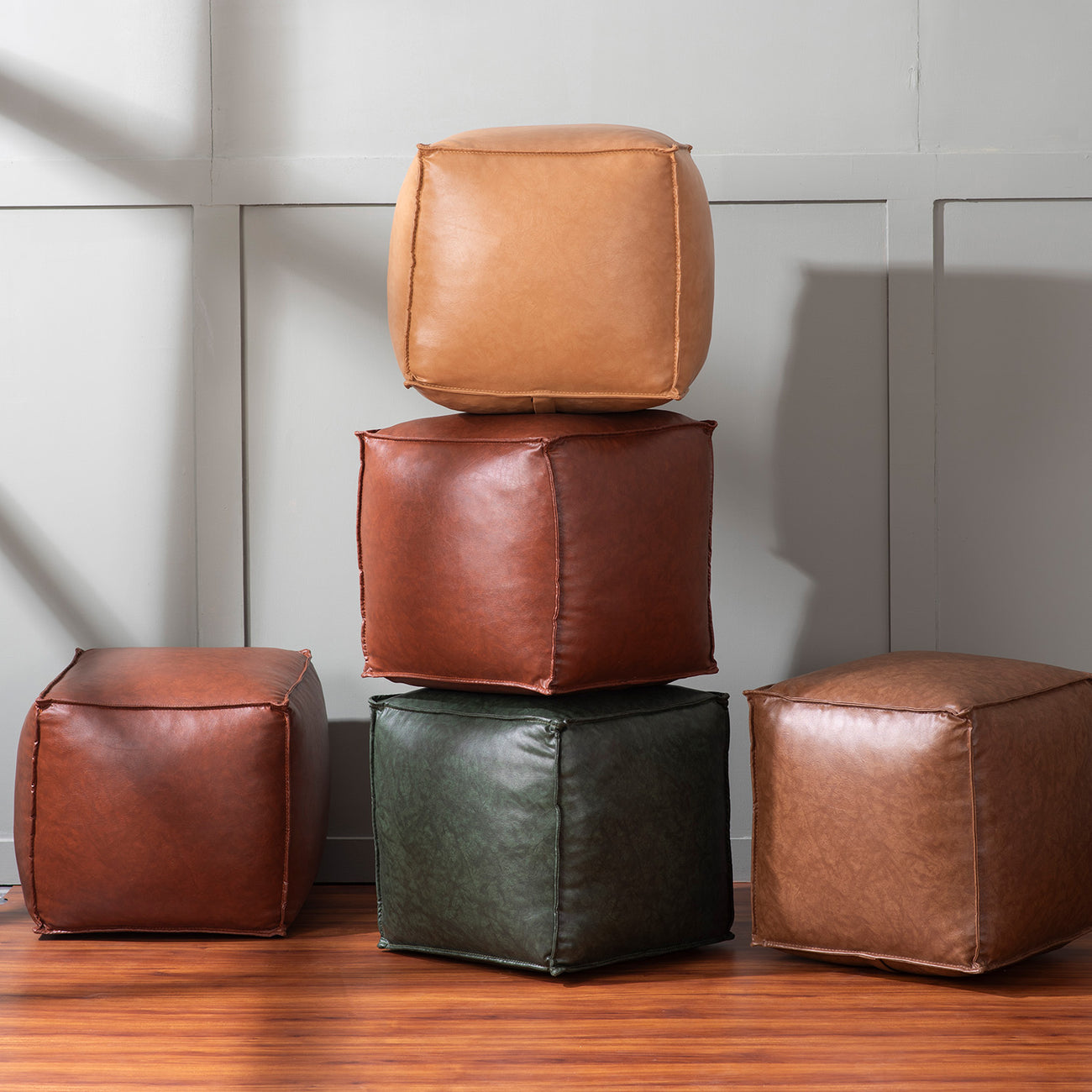 Cuboid Collection Brown Faux Leather Pouf Ottoman