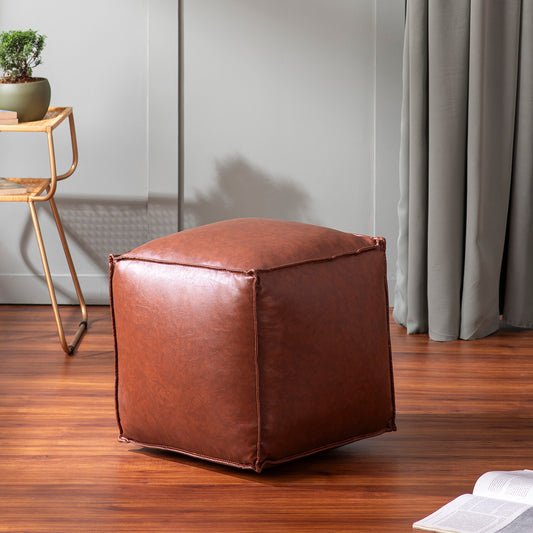 Cuboid Collection Tan Faux Leather Pouf Ottoman