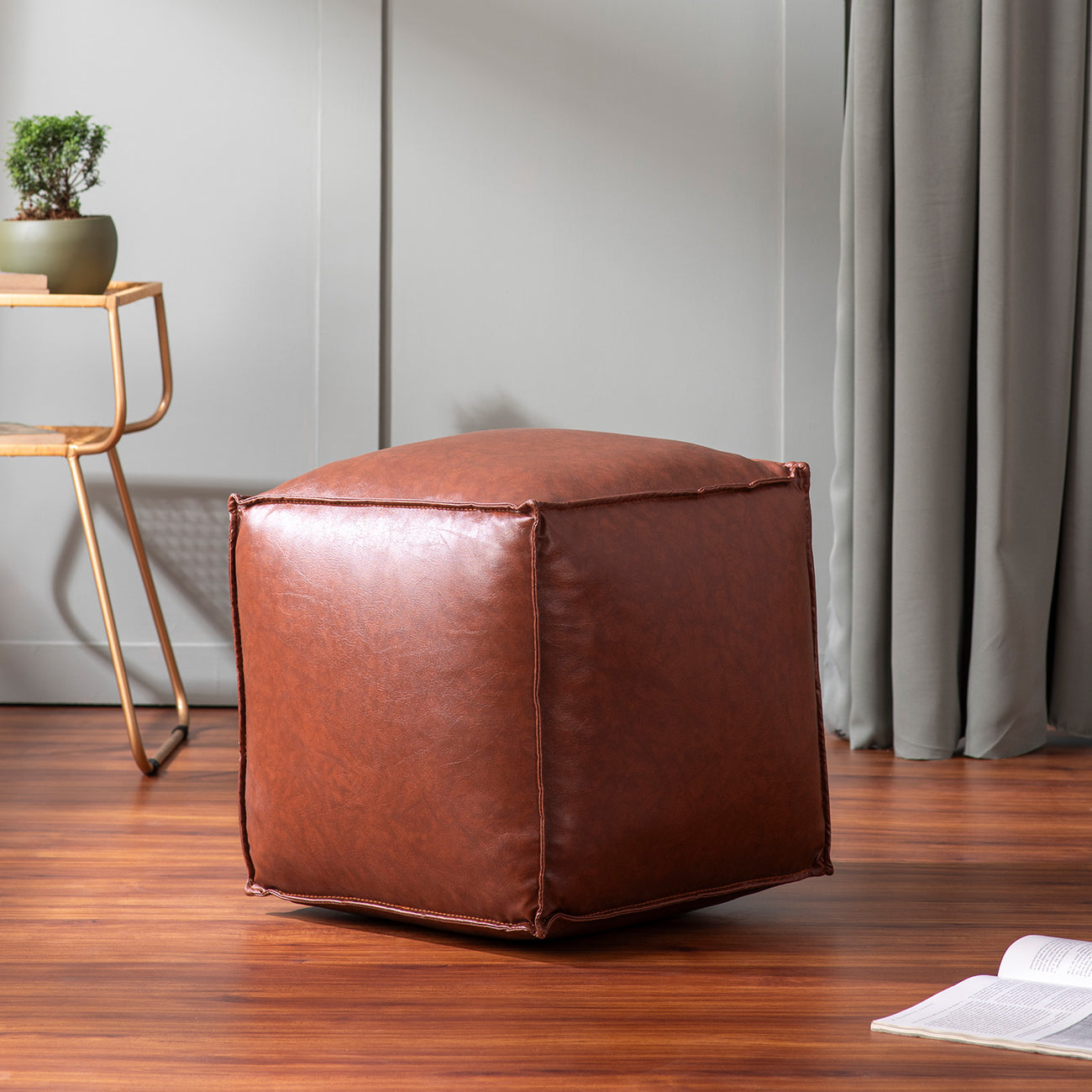 Cuboid Collection Tan Faux Leather Pouf Ottoman