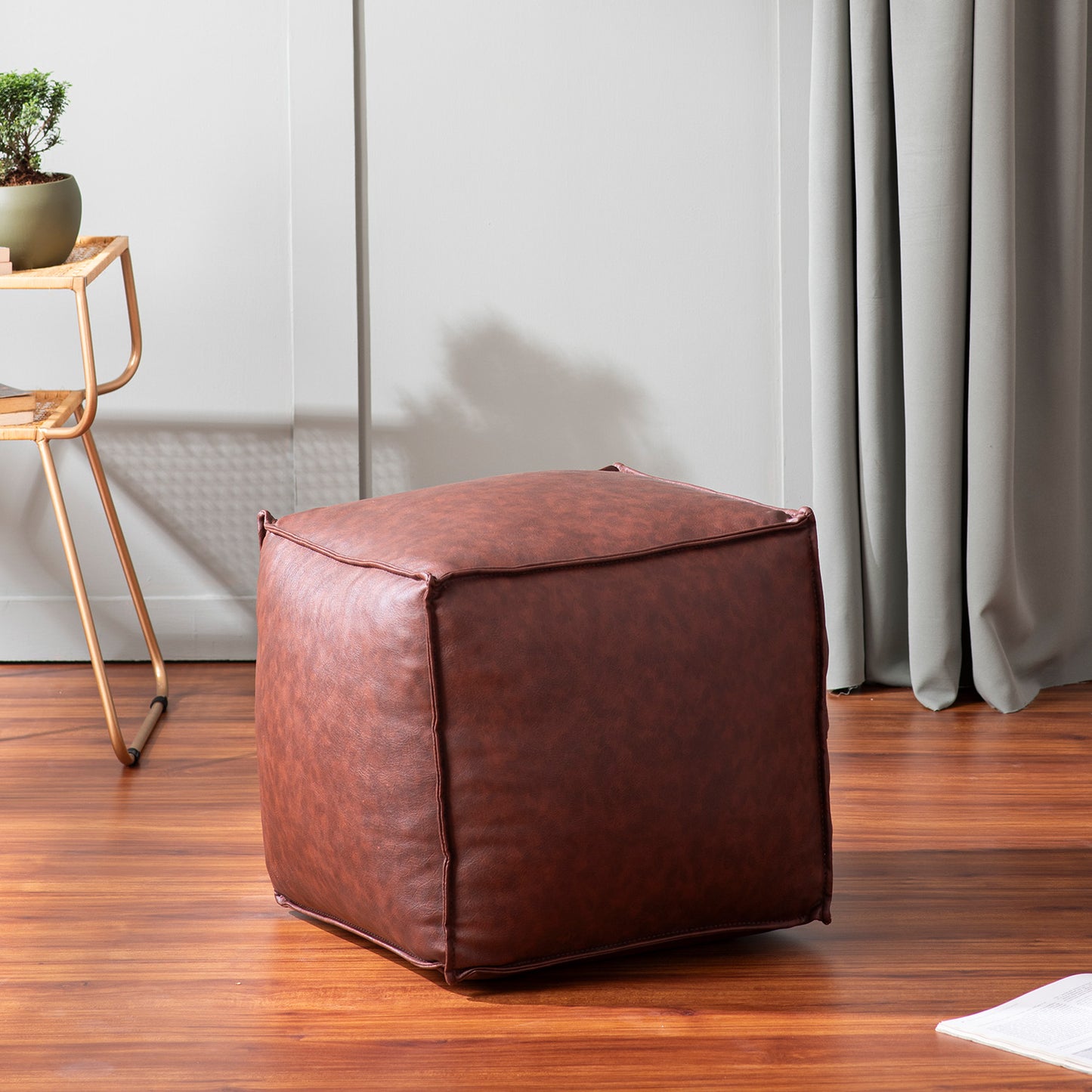 Cuboid Collection Dark Brown Faux Leather Pouf Ottoman