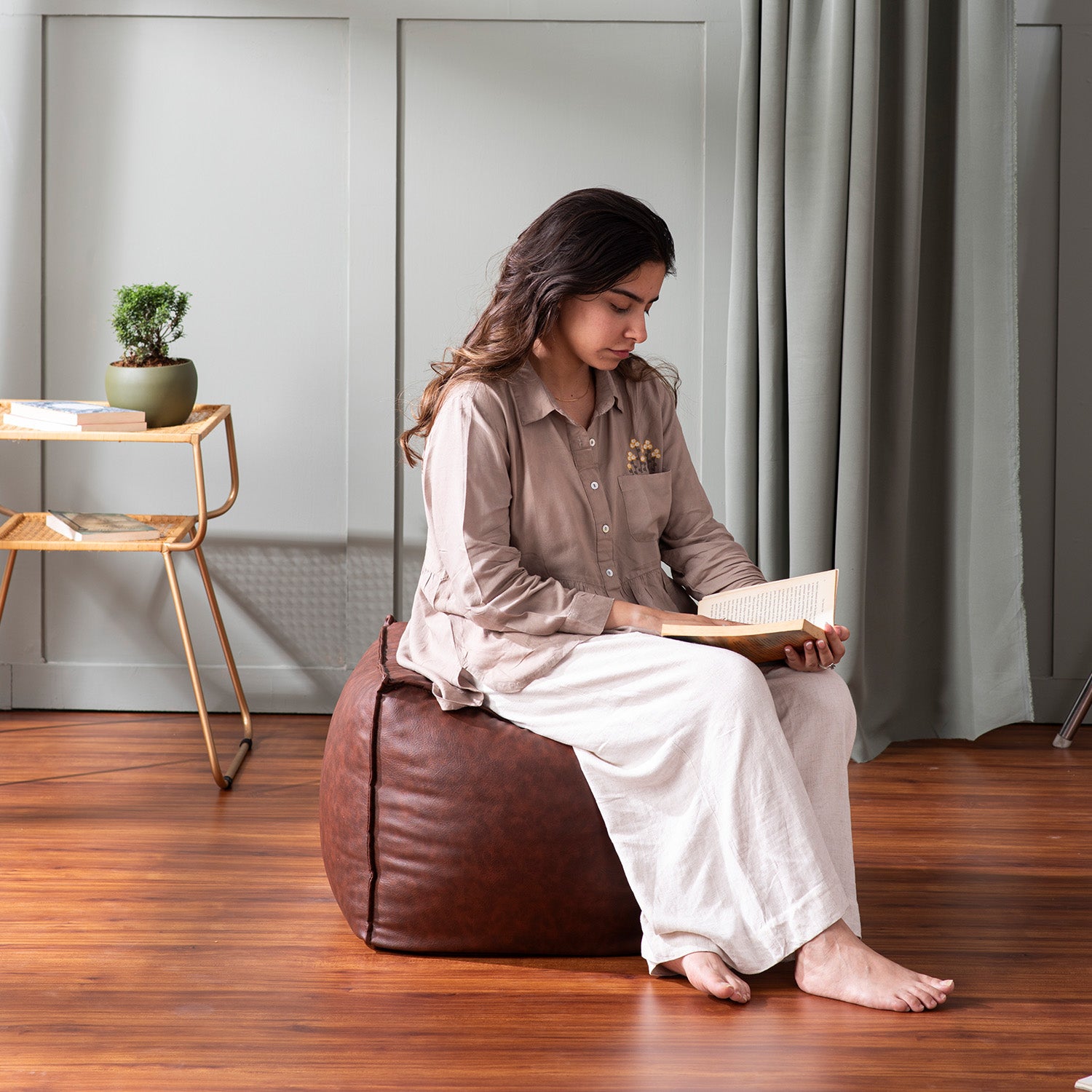 Cuboid Collection Dark Brown Faux Leather Pouf Ottoman