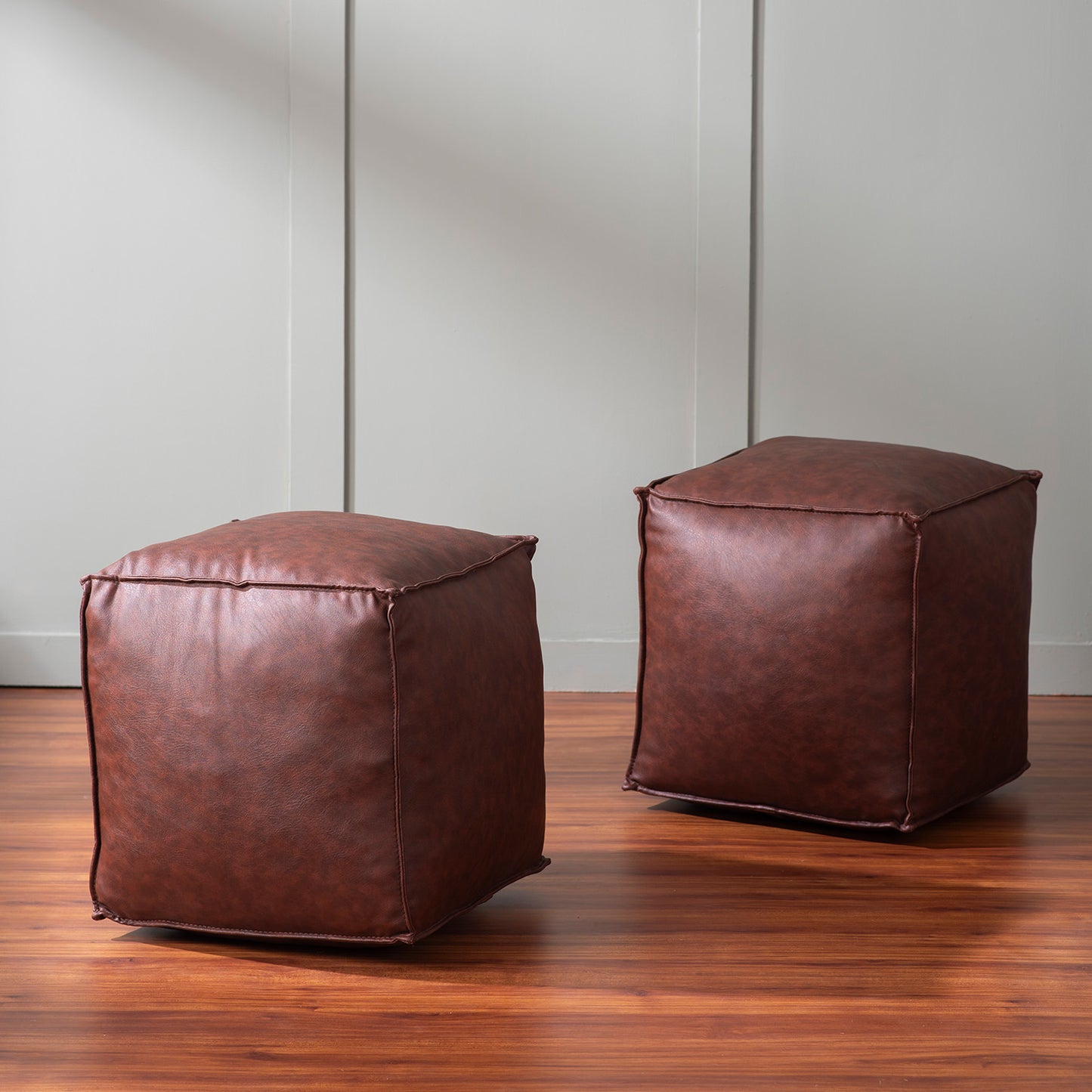 Cuboid Collection Dark Brown Faux Leather Pouf Ottoman