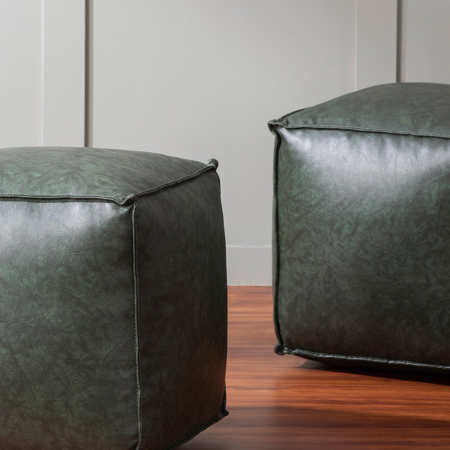 Cuboid Collection Green Faux Leather Pouf Ottoman Set Of 2