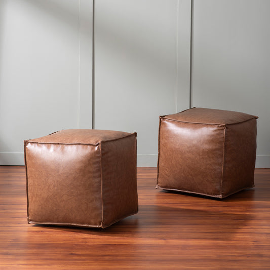 Cuboid Collection Brown Faux Leather Pouf Ottoman Set Of 2