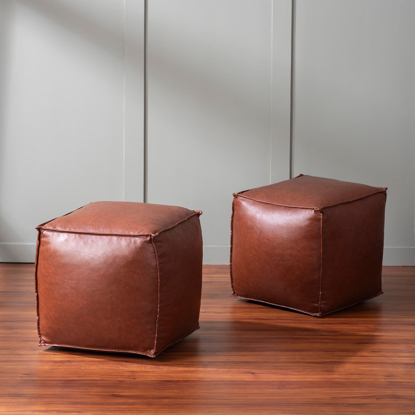 Cuboid Collection Dark Brown Faux Leather Pouf Ottoman Set Of 2