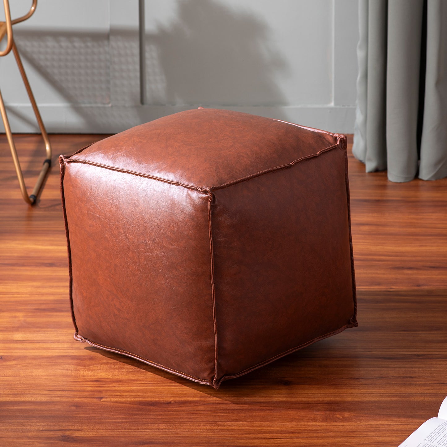 Cuboid Collection Dark Brown Faux Leather Pouf Ottoman Set Of 2