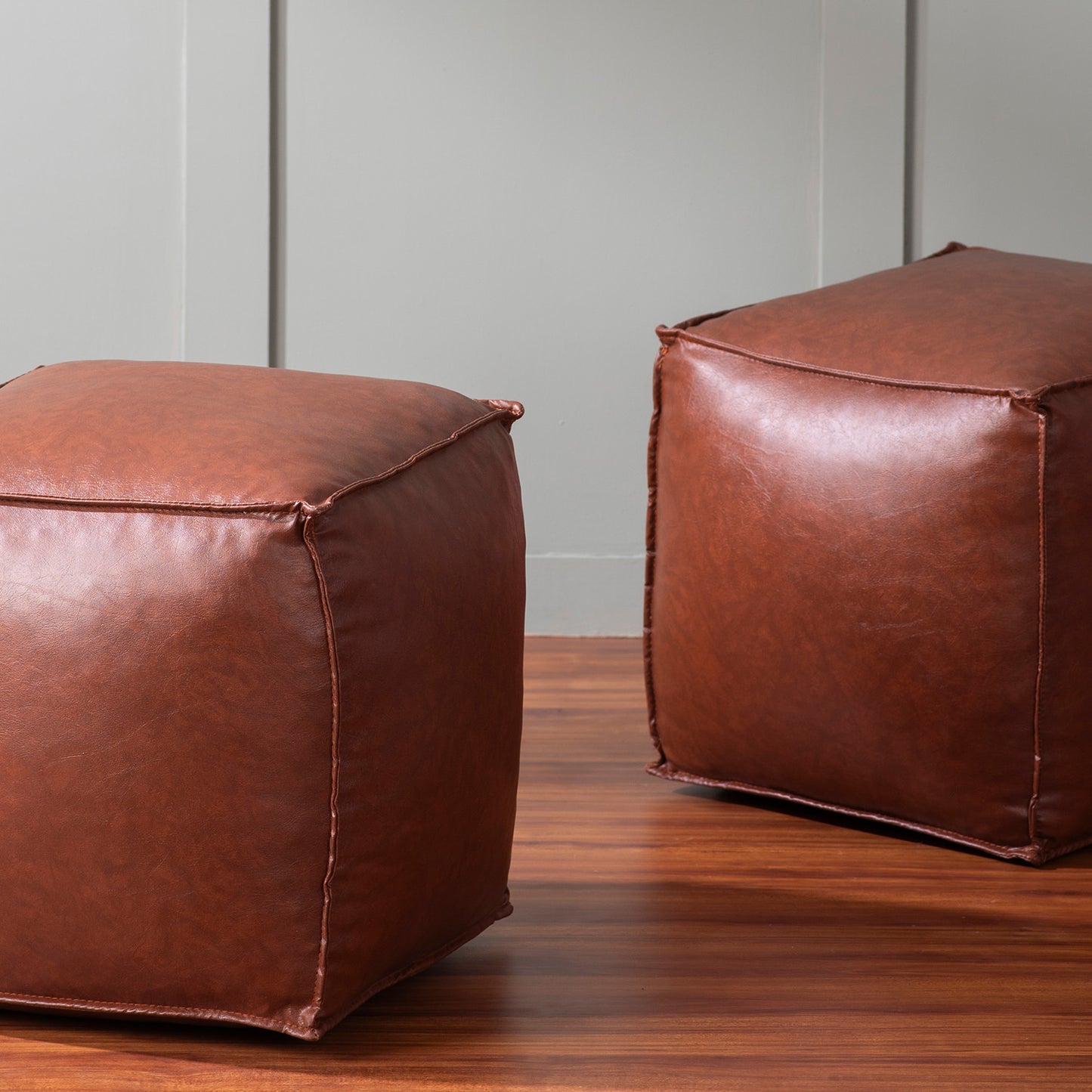 Cuboid Collection Dark Brown Faux Leather Pouf Ottoman Set Of 2