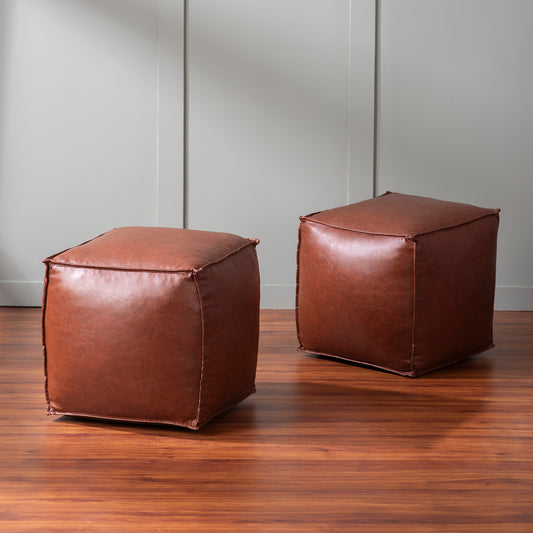Cuboid Collection Tan Faux Leather Pouf Ottoman Set Of 2