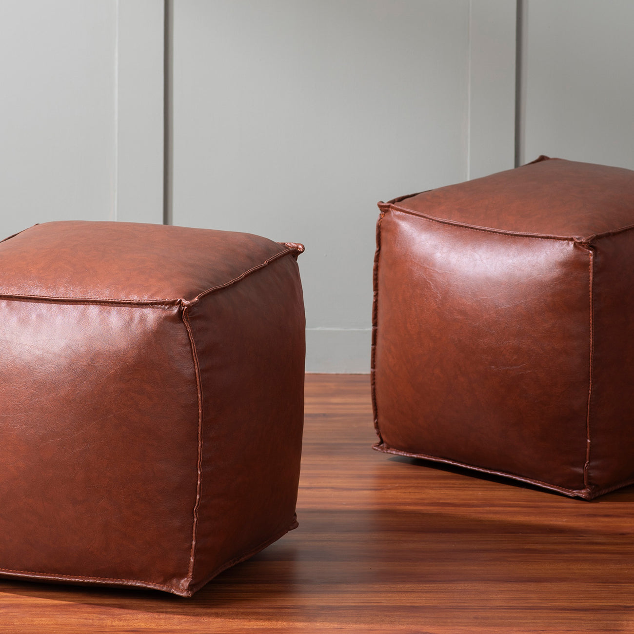 Cuboid Collection Tan Faux Leather Pouf Ottoman Set Of 2