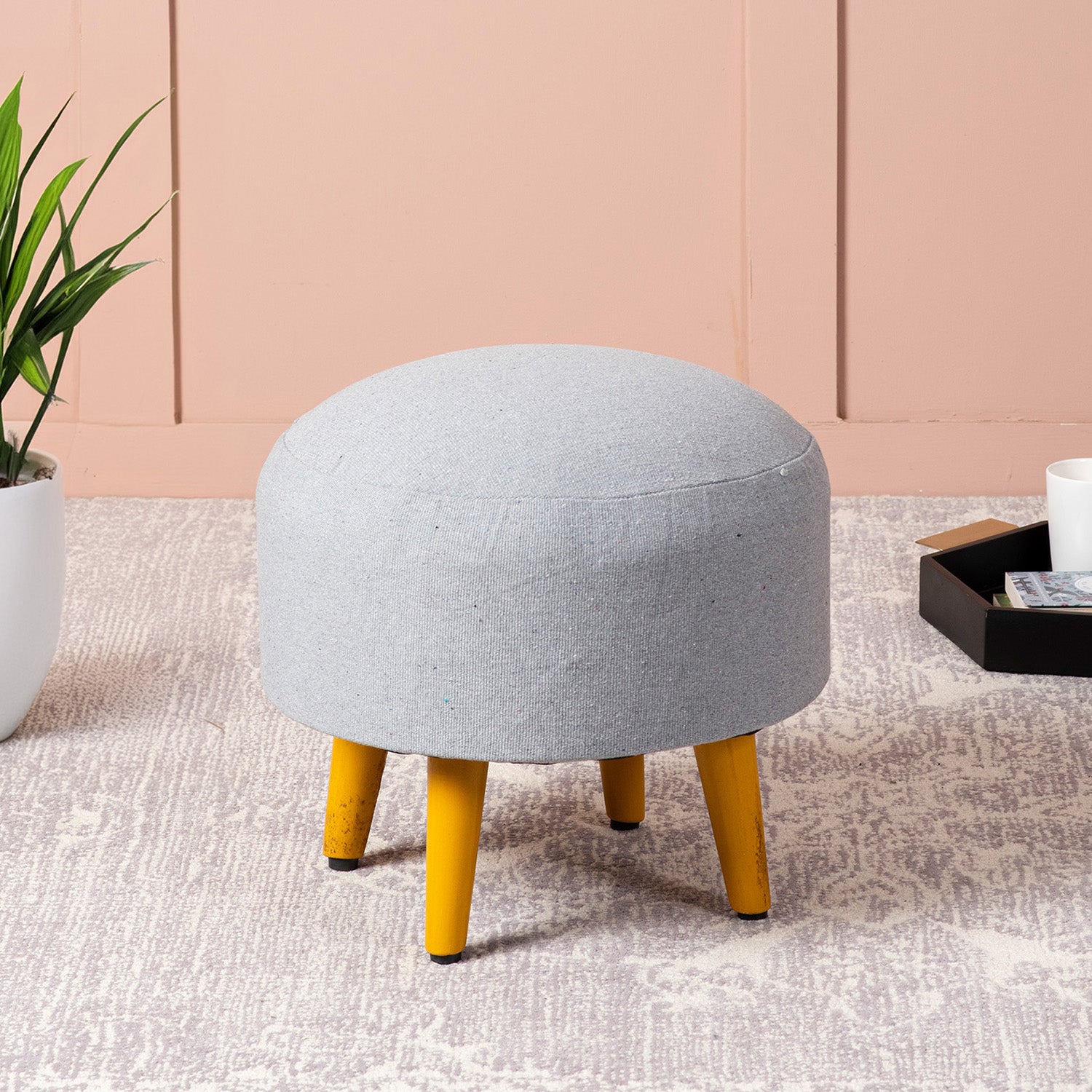 Melange Fabric Wooden Ottoman in Grey Color