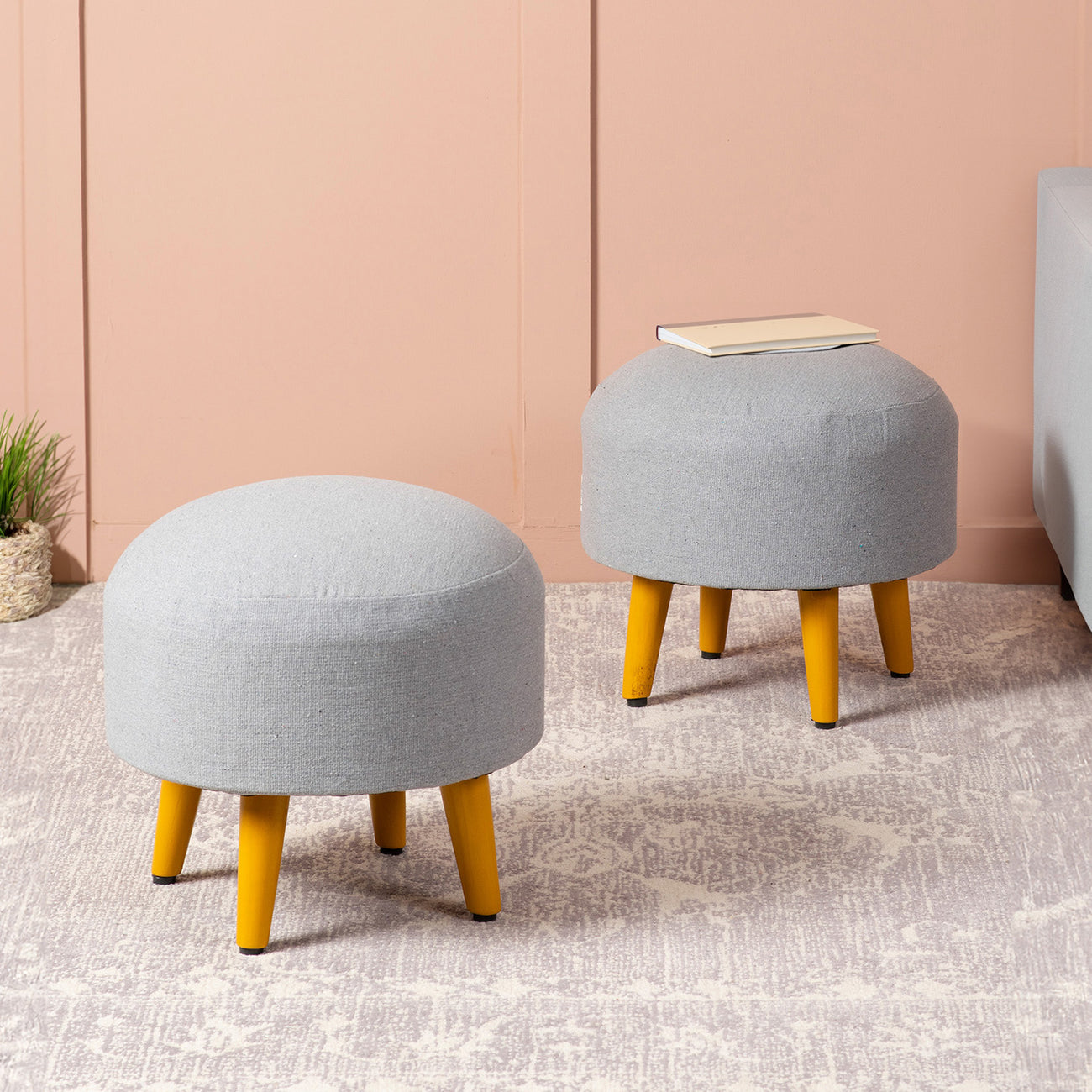 Melange Fabric Wooden Ottoman in Grey Color Set of 2