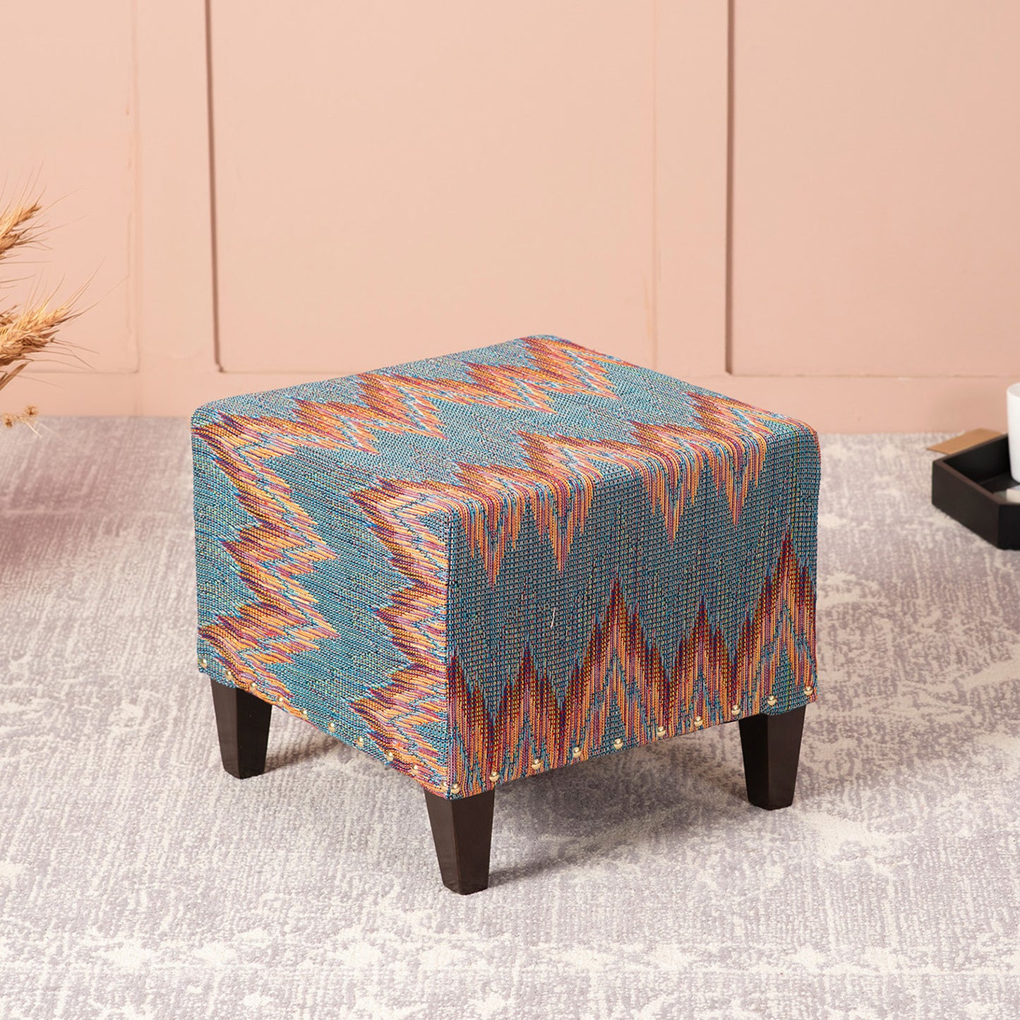 Crest Jacquard Wooden Seating Stool in Blue Color