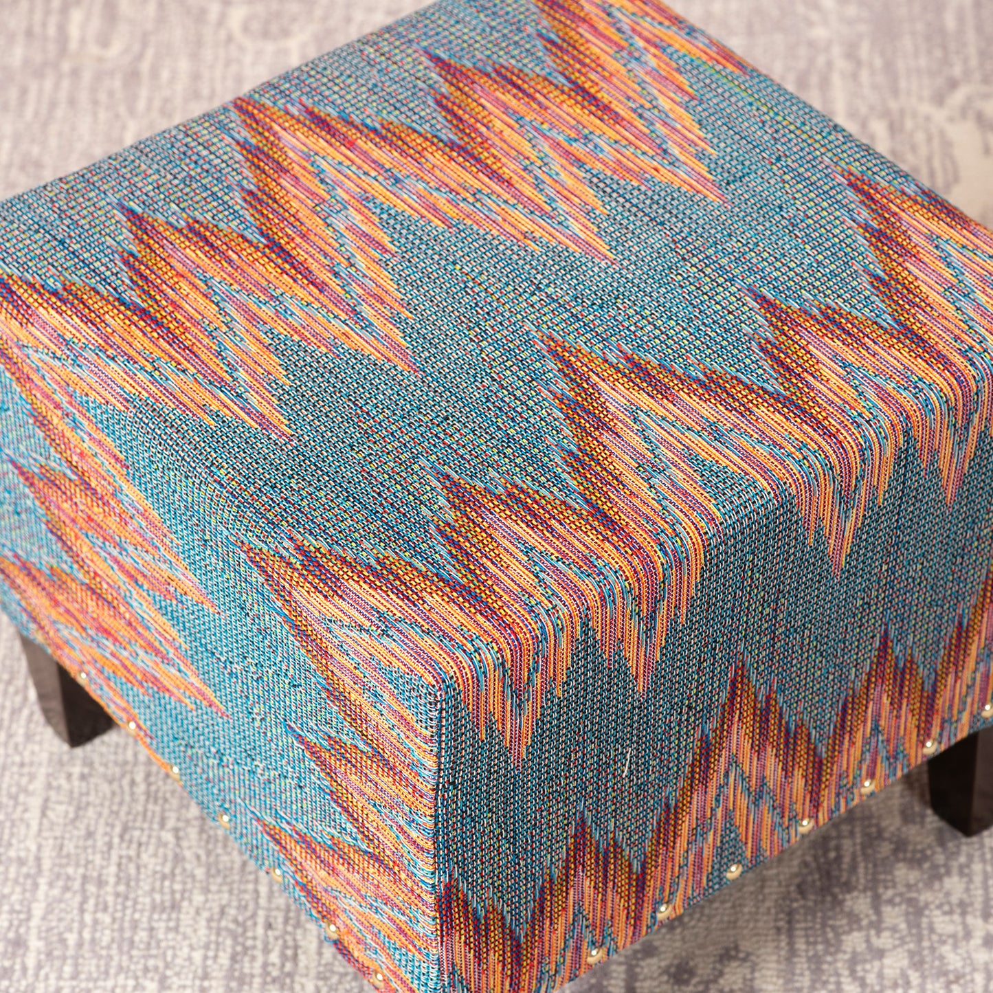 Crest Jacquard Wooden Seating Stool in Blue Color