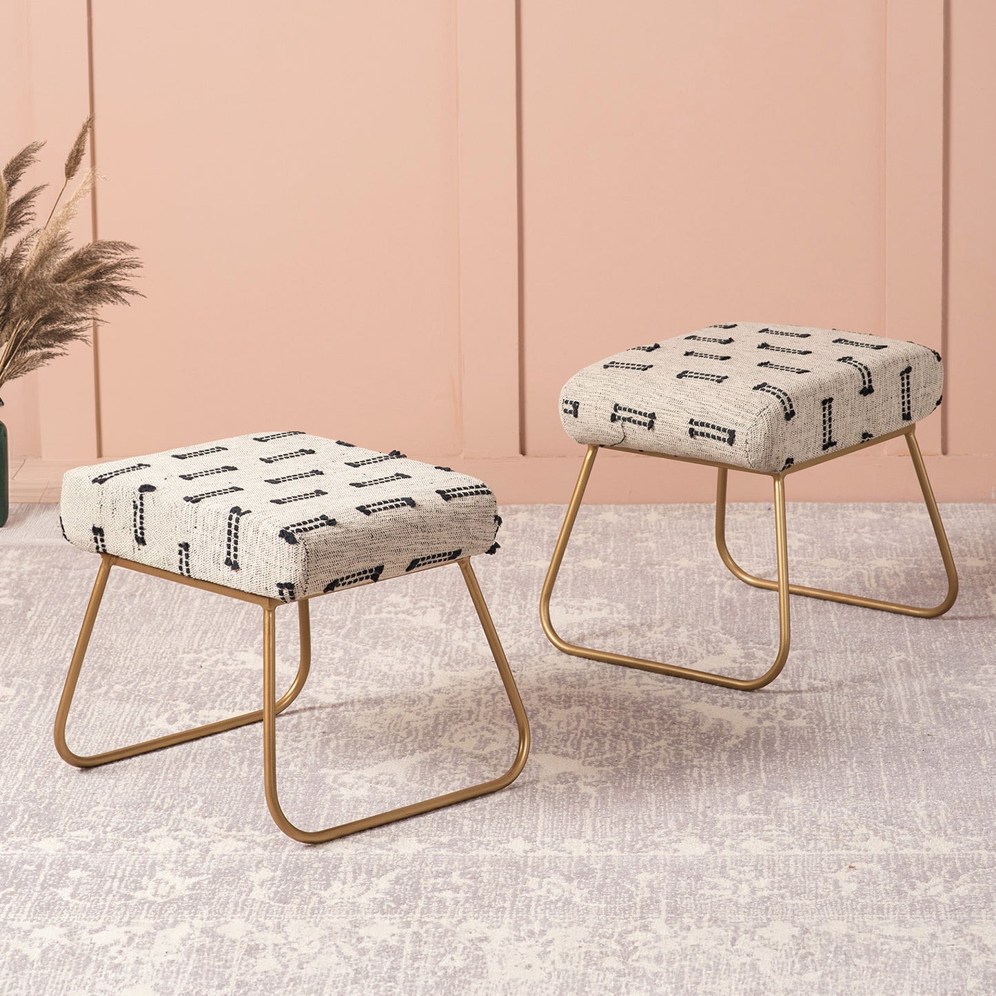 Bohemian Jacquard Metallic Stool in Black & Off White Color Set of 2