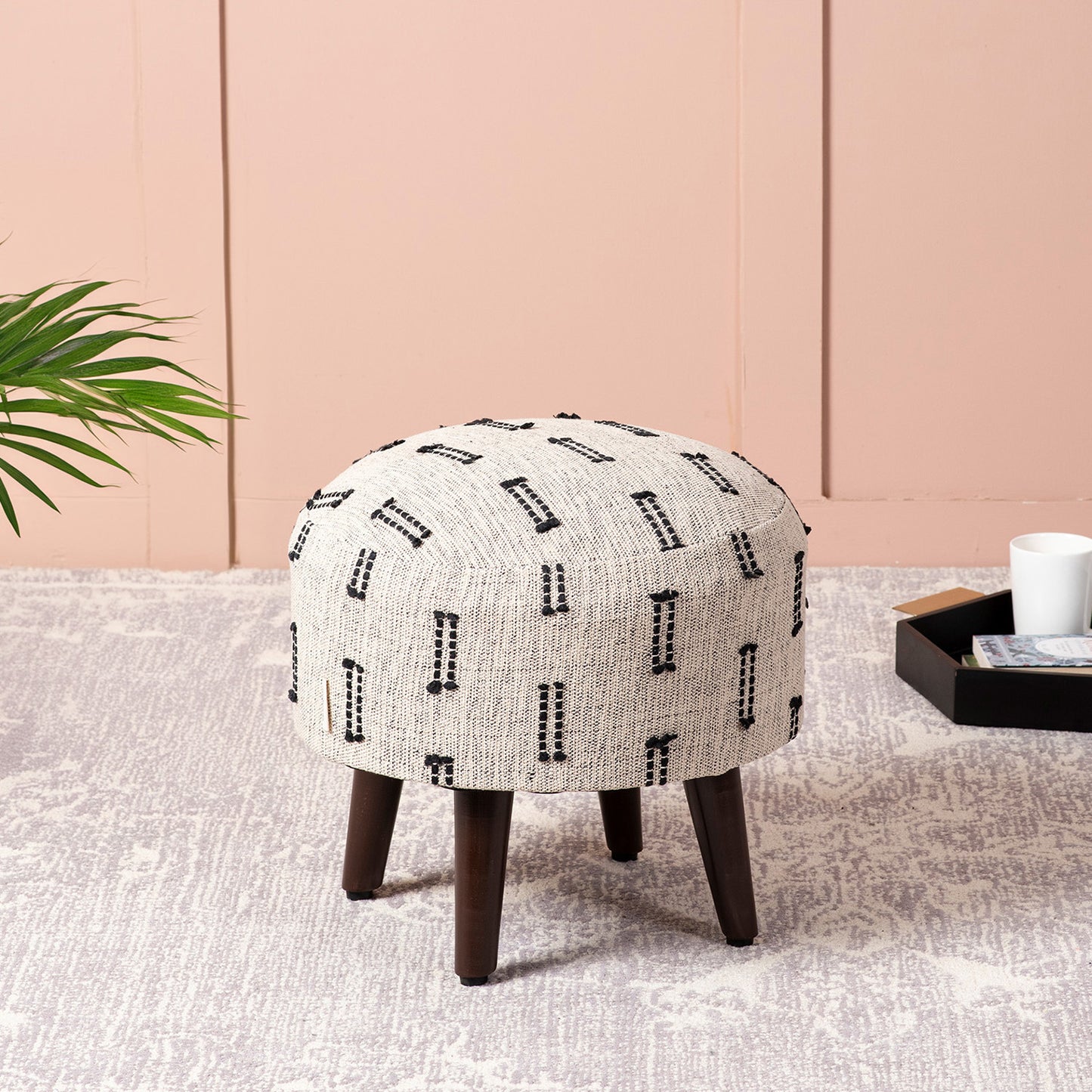 Bohemian Jacquard Wooden Ottoman in Black & Off White