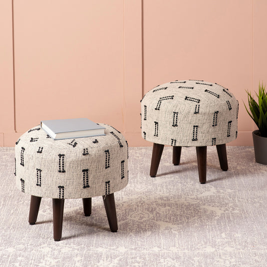 Bohemian Jacquard Wooden Ottoman in Black & Off White Set of 2