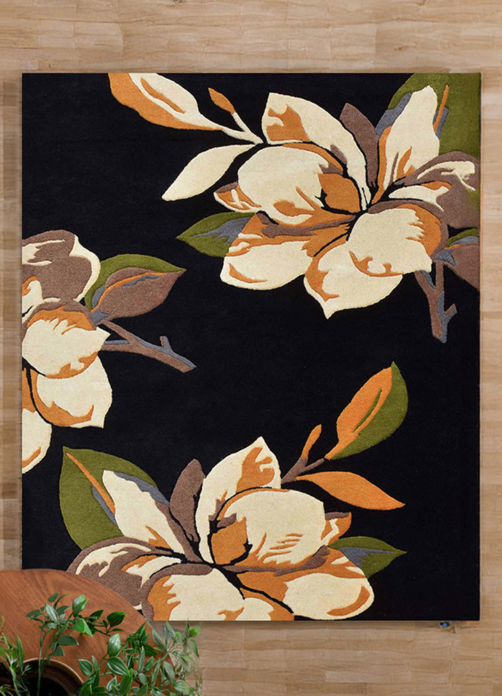 Elegant Floral Black and White Rug