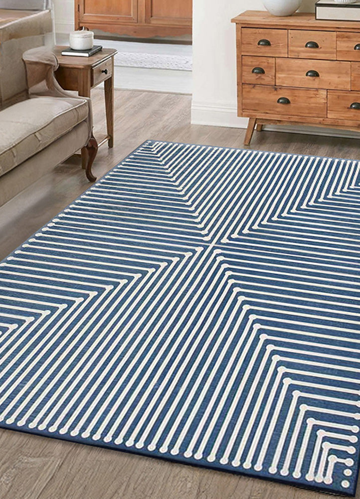 Elegant Blue and White Geometric Rug