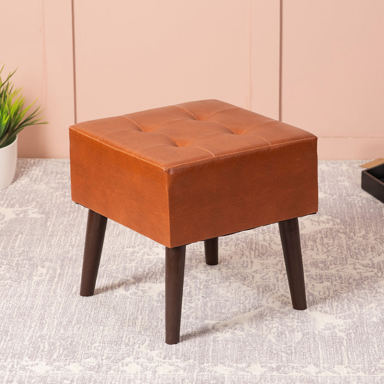 Axel Leatherette Wooden Stool Tufted in Tan Color