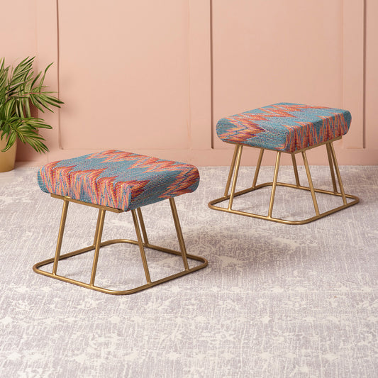 Crest Jacquard Metallic Stool in Blue Color Set of 2