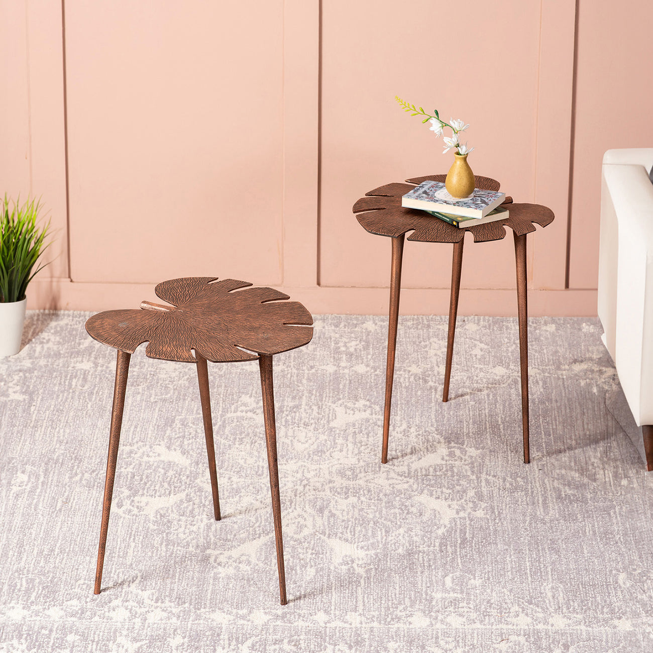 Cosmo Aluminium Leaf End Table in Copper Color Set of 2