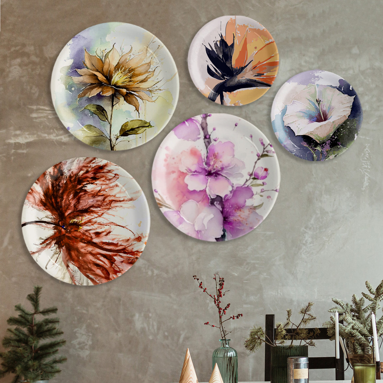 English Style Flower Wall Plates Sets of 5