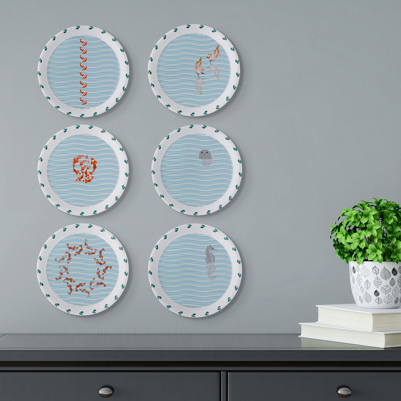 Sea-Inspired waves and fish Abstract Art Collection Porcelain Wall Plates Set of 6