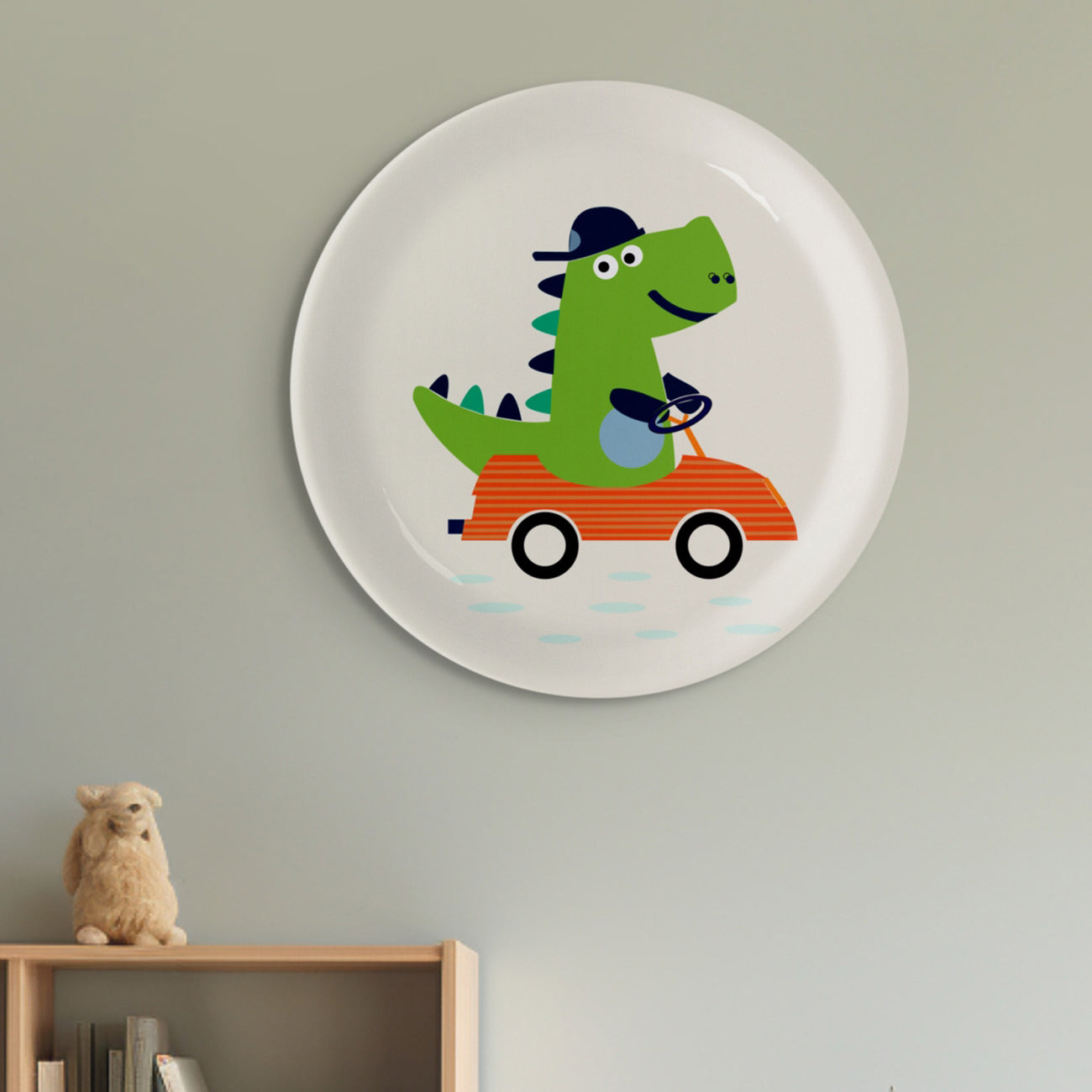 Playful Art for Kids' Rooms Dino car porcelain plate